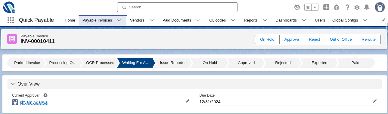 Invoice queue showing Waiting For Approval status