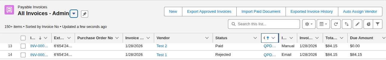 Payable Invoices list view