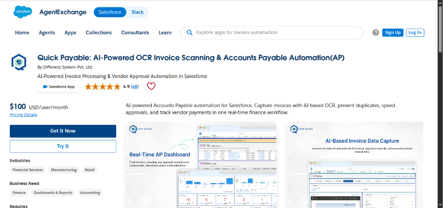 Quick Payable appexchange listing page