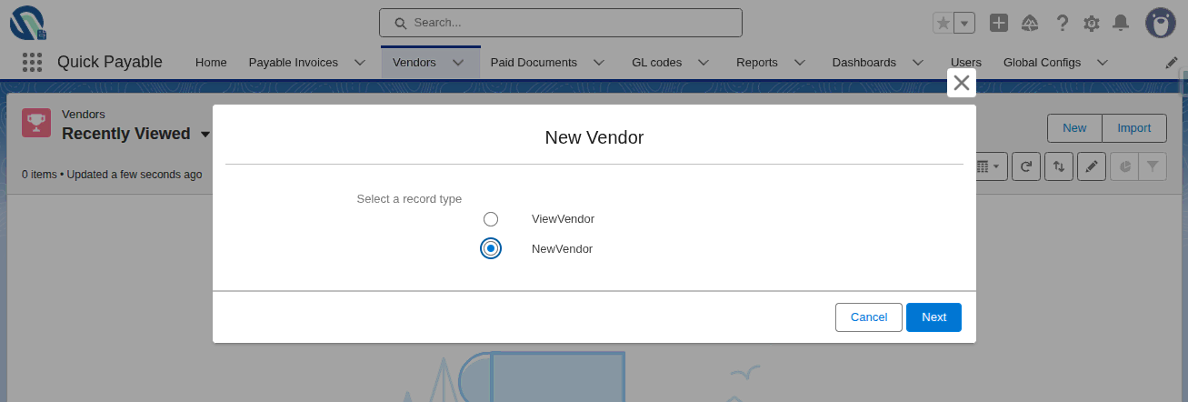 Vendor record creation